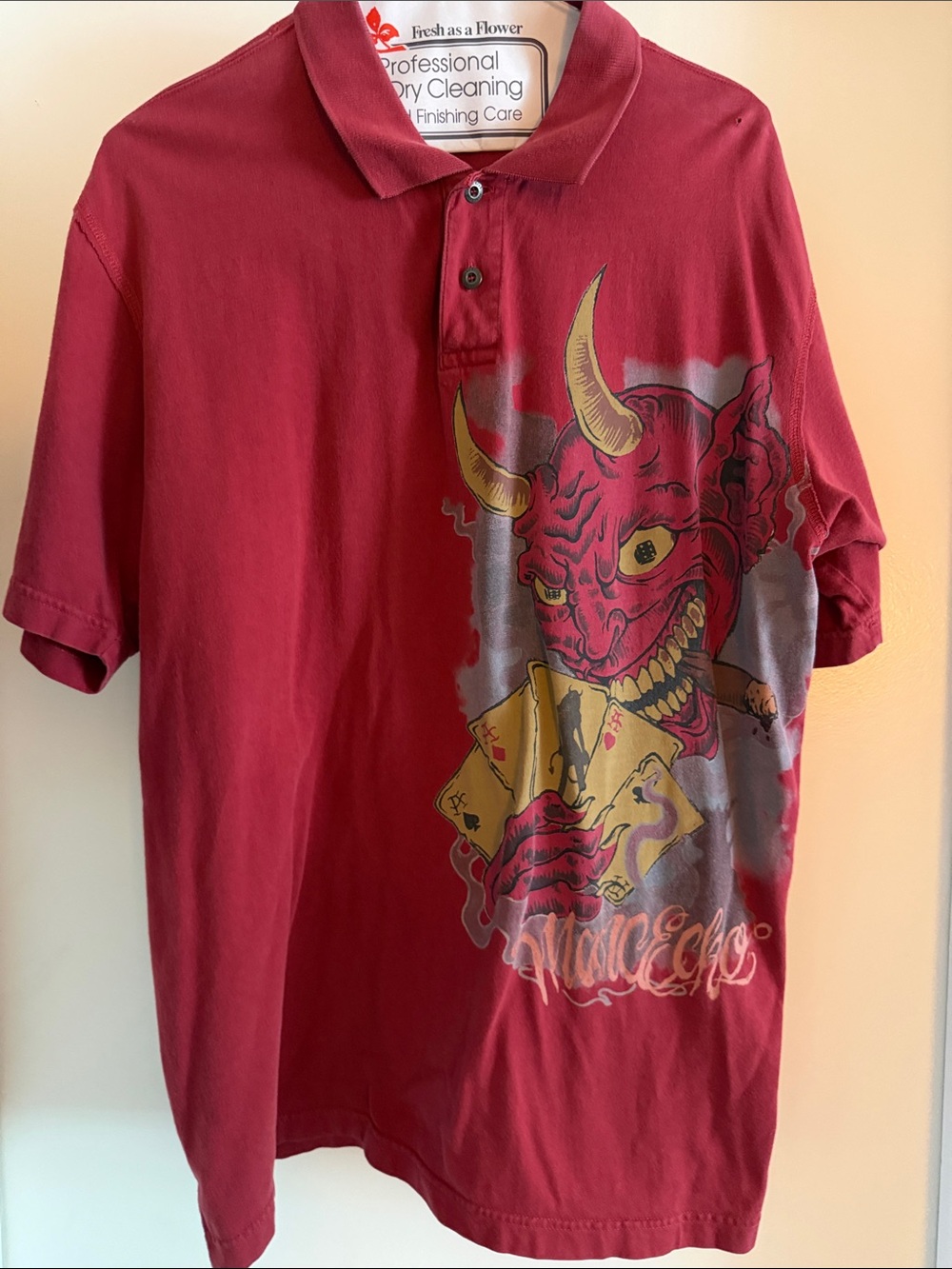 Marc Ecko- Men's Red Graphic Polo Shirt with Demon Card Art -LG - Picture 1 of 6